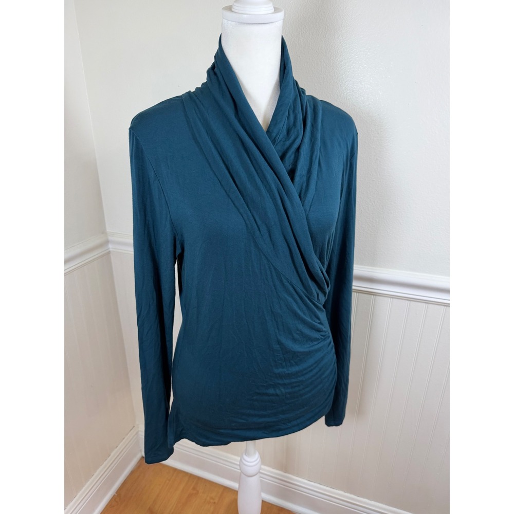 Soft Surroundings Draped Surplice Top Women Medium Teal Blue‎ Ruched 22843